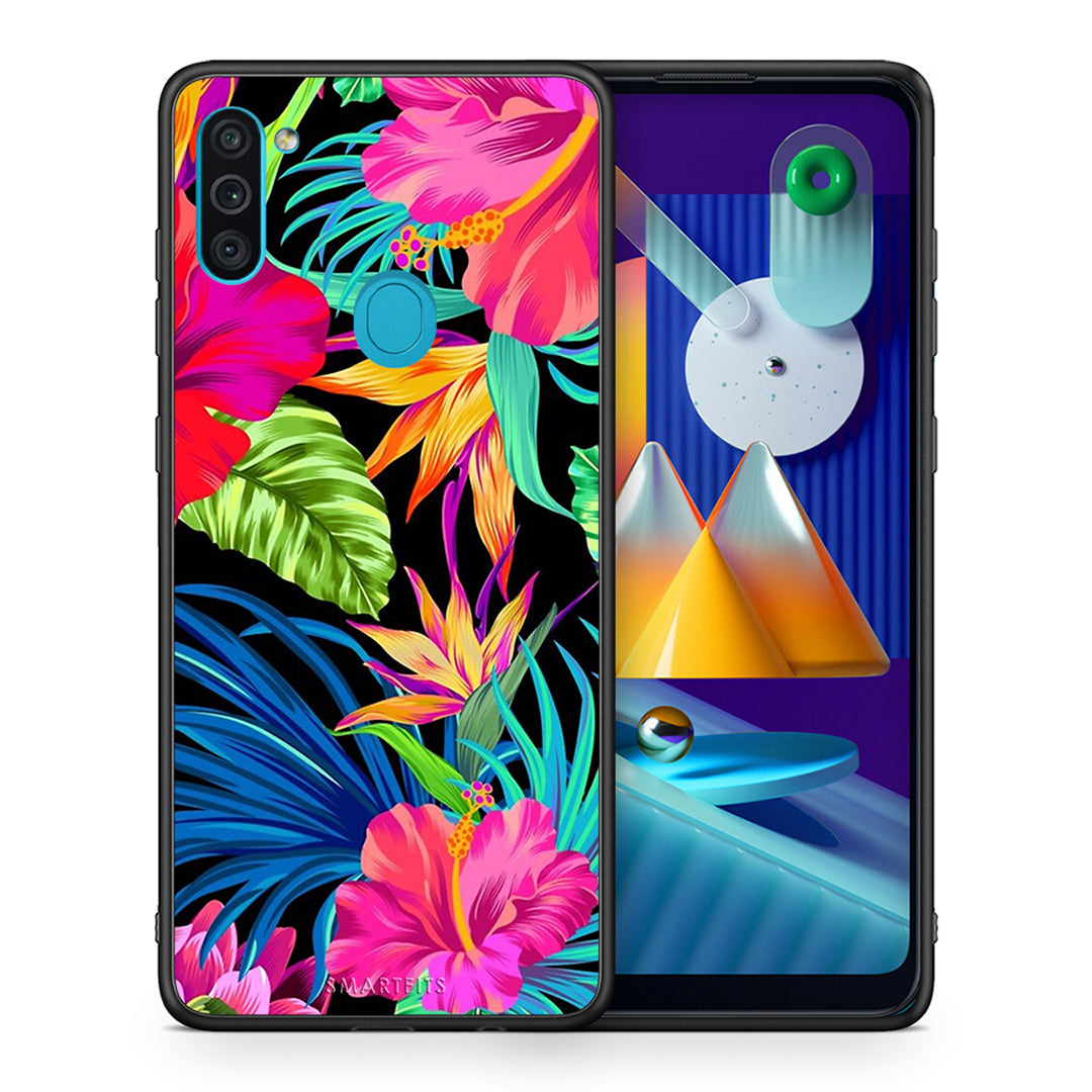 Θήκη Samsung A11/M11 Tropical Flowers από τη Smartfits με σχέδιο στο πίσω μέρος και μαύρο περίβλημα | Samsung A11/M11 Tropical Flowers case with colorful back and black bezels