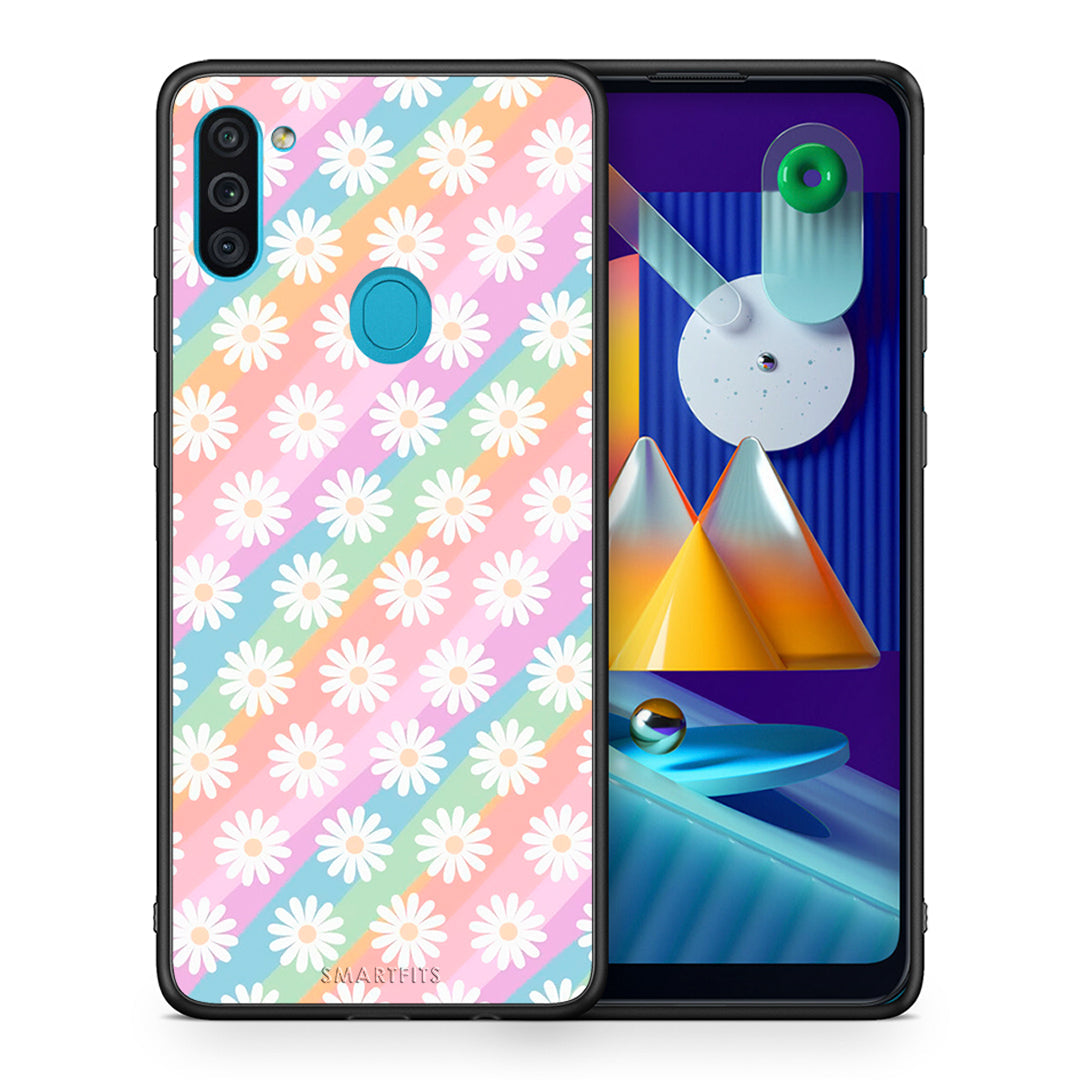 Θήκη Samsung A11/M11 White Daisies από τη Smartfits με σχέδιο στο πίσω μέρος και μαύρο περίβλημα | Samsung A11/M11 White Daisies case with colorful back and black bezels