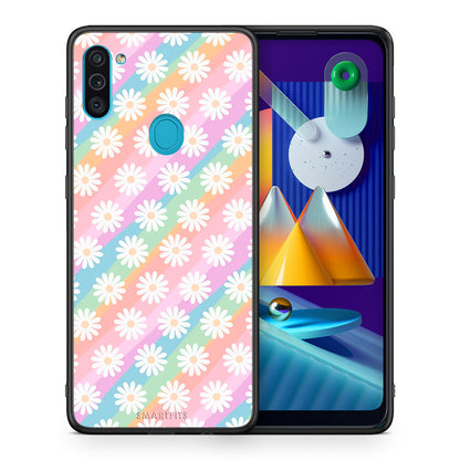 Θήκη Samsung A11/M11 White Daisies από τη Smartfits με σχέδιο στο πίσω μέρος και μαύρο περίβλημα | Samsung A11/M11 White Daisies case with colorful back and black bezels