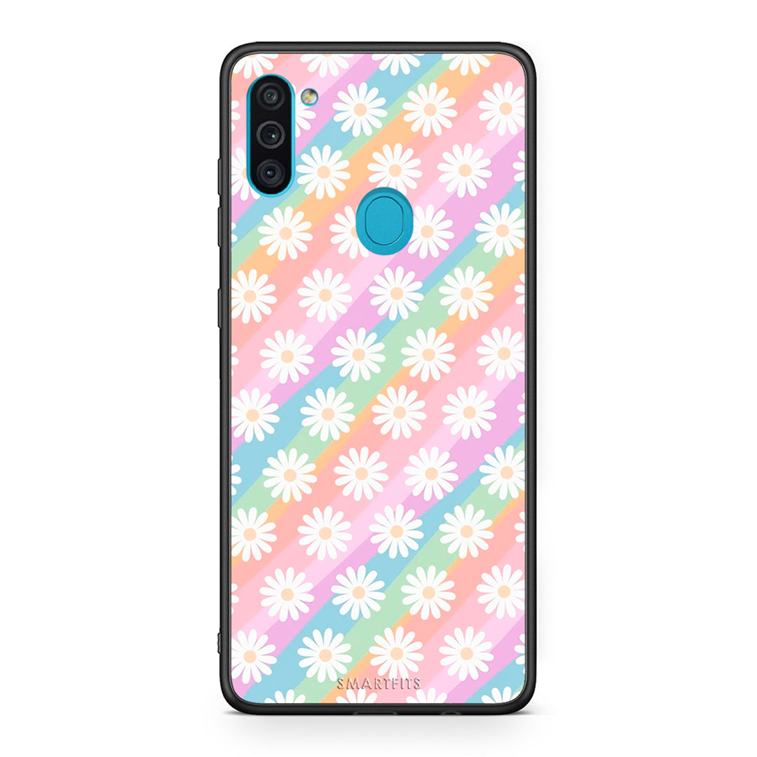 Samsung A11/M11 White Daisies θήκη από τη Smartfits με σχέδιο στο πίσω μέρος και μαύρο περίβλημα | Smartphone case with colorful back and black bezels by Smartfits