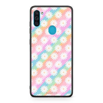 Samsung A11/M11 White Daisies θήκη από τη Smartfits με σχέδιο στο πίσω μέρος και μαύρο περίβλημα | Smartphone case with colorful back and black bezels by Smartfits