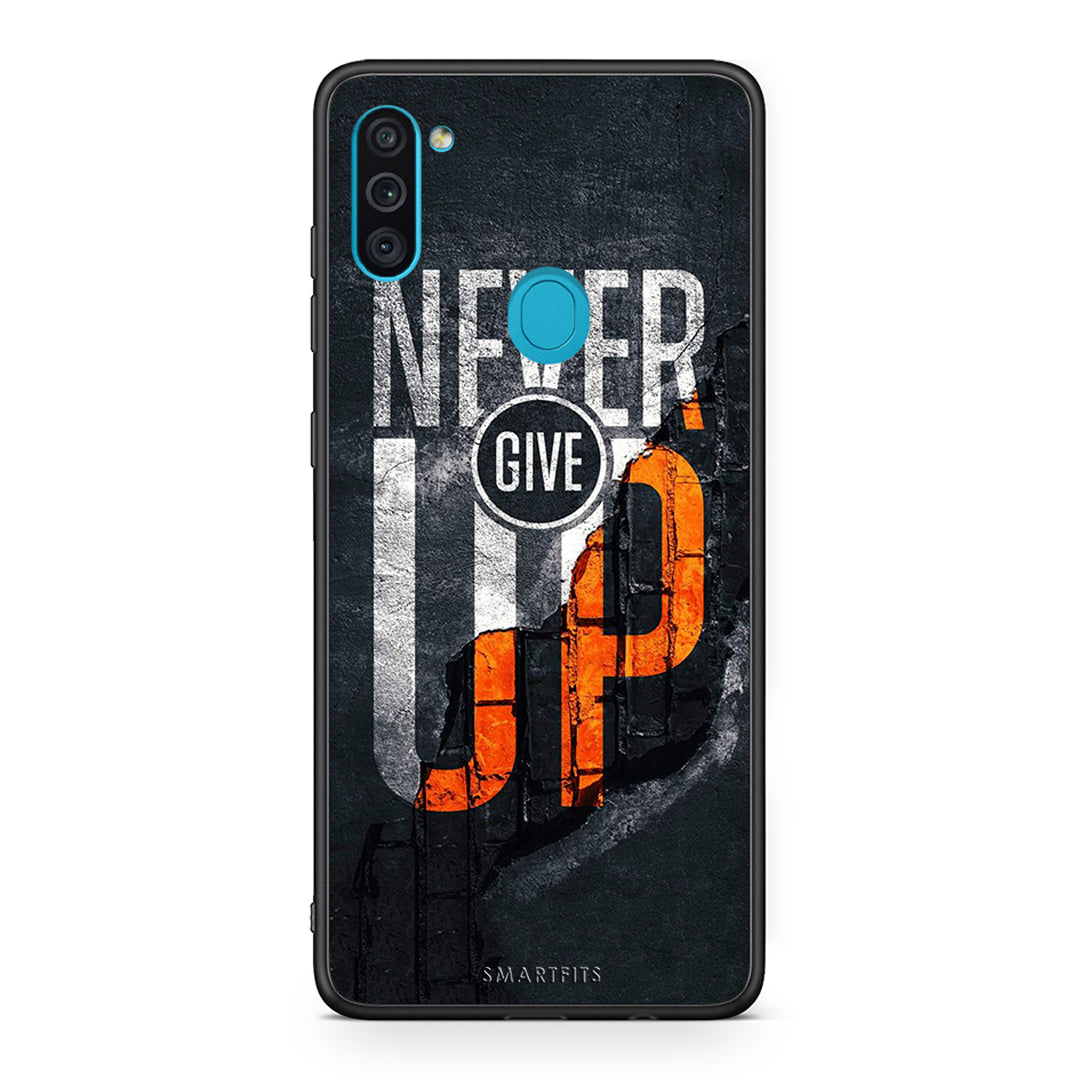 Samsung A11 / M11 Never Give Up Θήκη Αγίου Βαλεντίνου από τη Smartfits με σχέδιο στο πίσω μέρος και μαύρο περίβλημα | Smartphone case with colorful back and black bezels by Smartfits