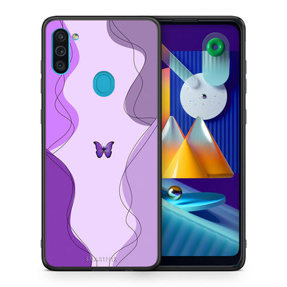 Θήκη Αγίου Βαλεντίνου Samsung A11 / M11 Purple Mariposa από τη Smartfits με σχέδιο στο πίσω μέρος και μαύρο περίβλημα | Samsung A11 / M11 Purple Mariposa case with colorful back and black bezels