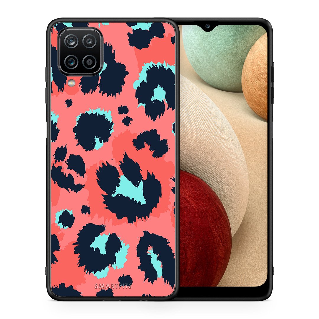 Θήκη Samsung A12 Pink Leopard Animal από τη Smartfits με σχέδιο στο πίσω μέρος και μαύρο περίβλημα | Samsung A12 Pink Leopard Animal case with colorful back and black bezels