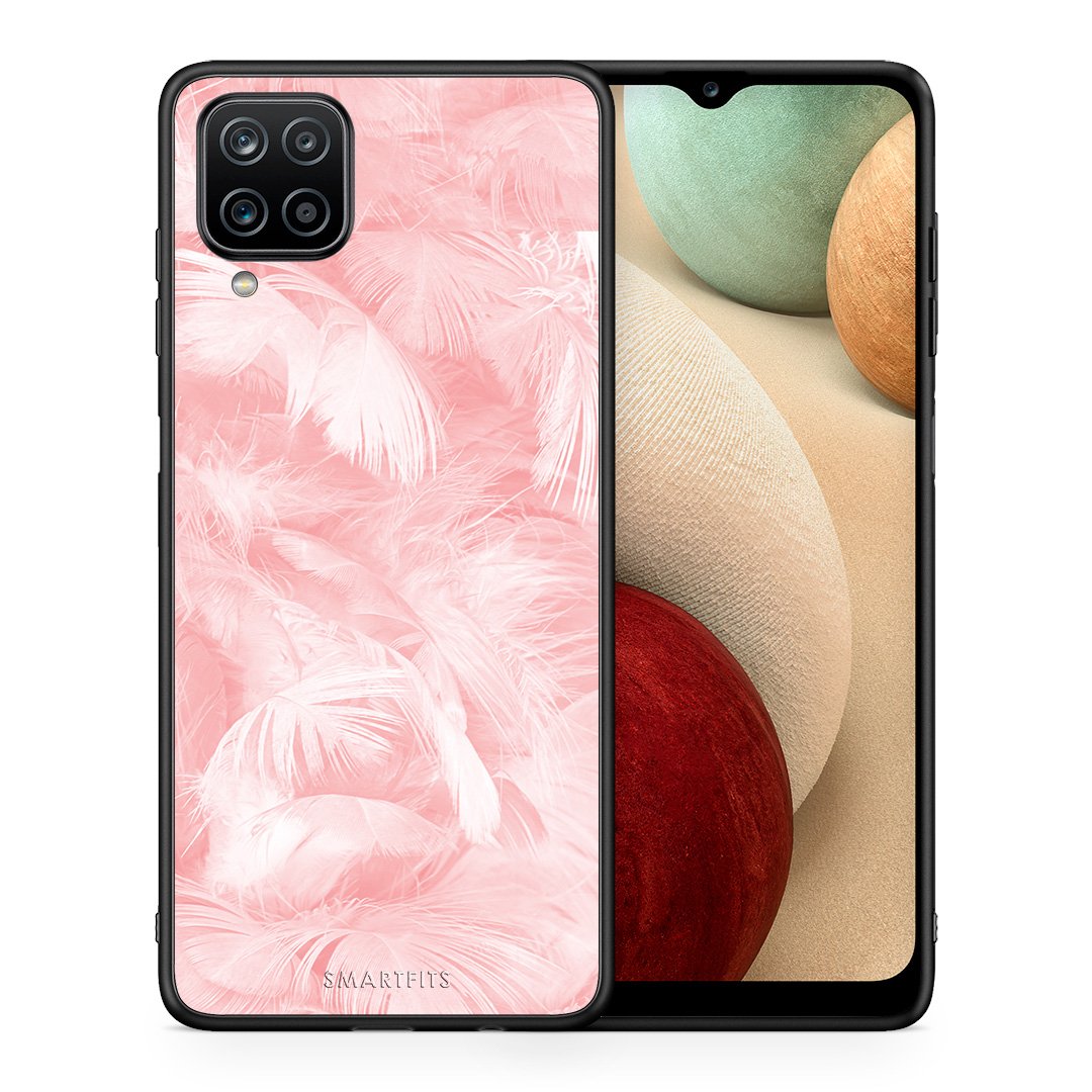 Θήκη Samsung A12 Pink Feather Boho από τη Smartfits με σχέδιο στο πίσω μέρος και μαύρο περίβλημα | Samsung A12 Pink Feather Boho case with colorful back and black bezels