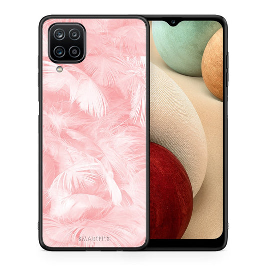 Θήκη Samsung A12 Pink Feather Boho από τη Smartfits με σχέδιο στο πίσω μέρος και μαύρο περίβλημα | Samsung A12 Pink Feather Boho case with colorful back and black bezels