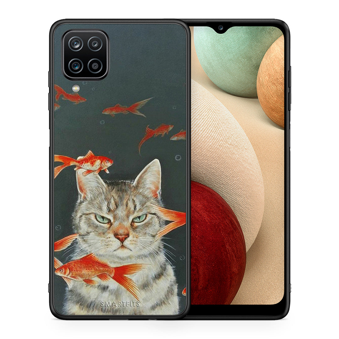 Θήκη Samsung A12 Cat Goldfish από τη Smartfits με σχέδιο στο πίσω μέρος και μαύρο περίβλημα | Samsung A12 Cat Goldfish case with colorful back and black bezels