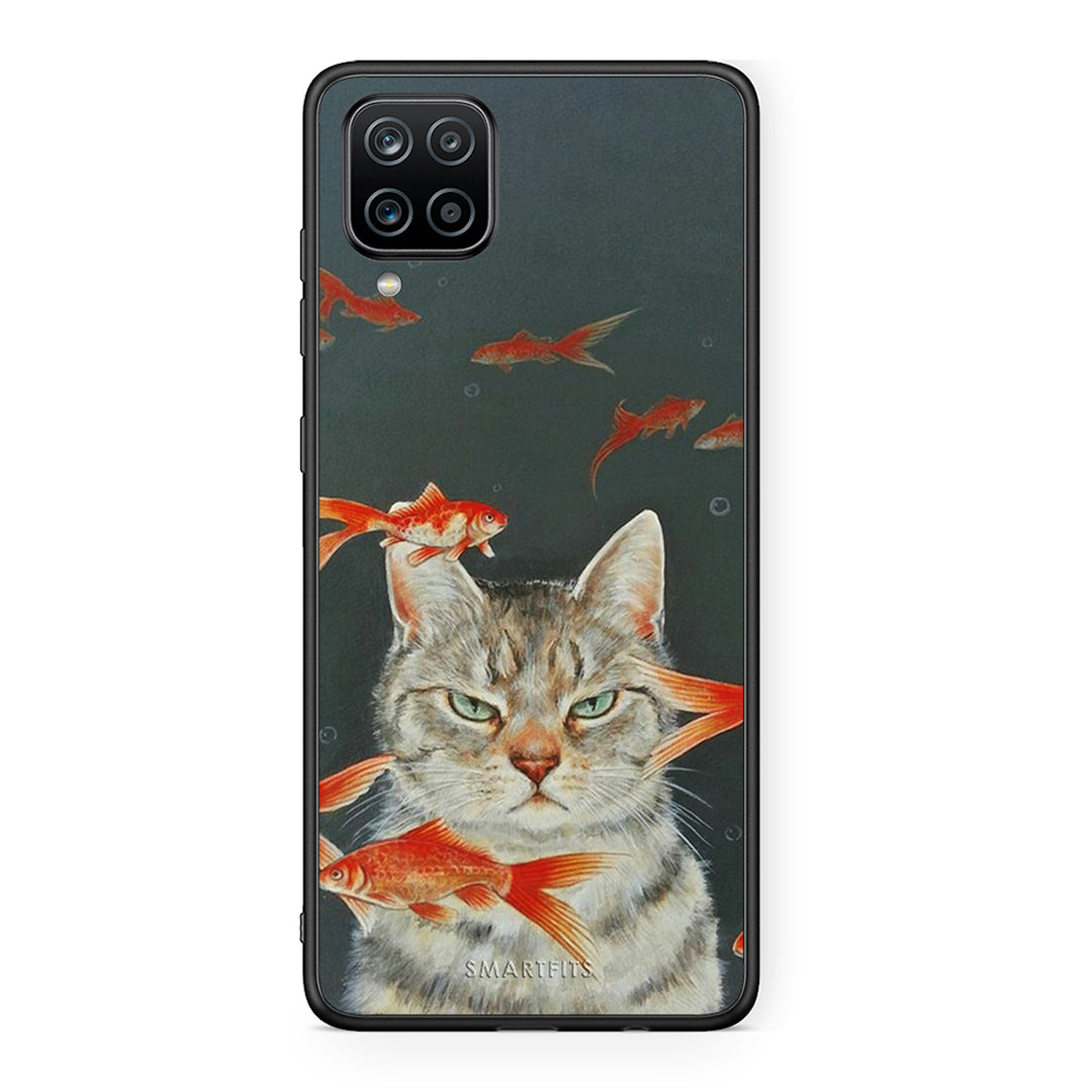 Samsung A12 Cat Goldfish θήκη από τη Smartfits με σχέδιο στο πίσω μέρος και μαύρο περίβλημα | Smartphone case with colorful back and black bezels by Smartfits
