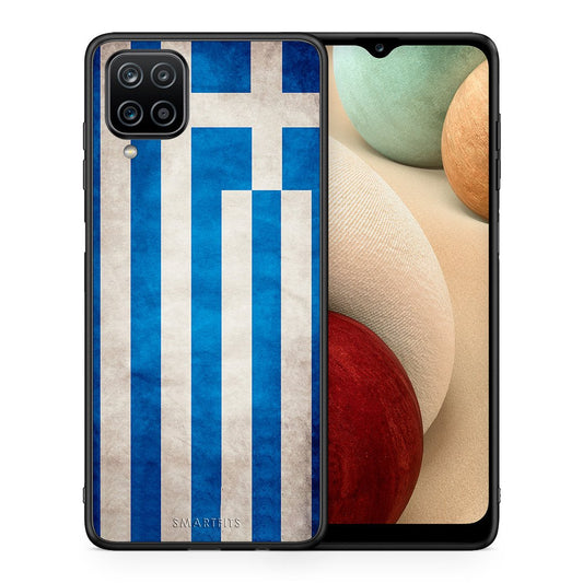 Θήκη Samsung A12 Greek Flag από τη Smartfits με σχέδιο στο πίσω μέρος και μαύρο περίβλημα | Samsung A12 Greek Flag case with colorful back and black bezels