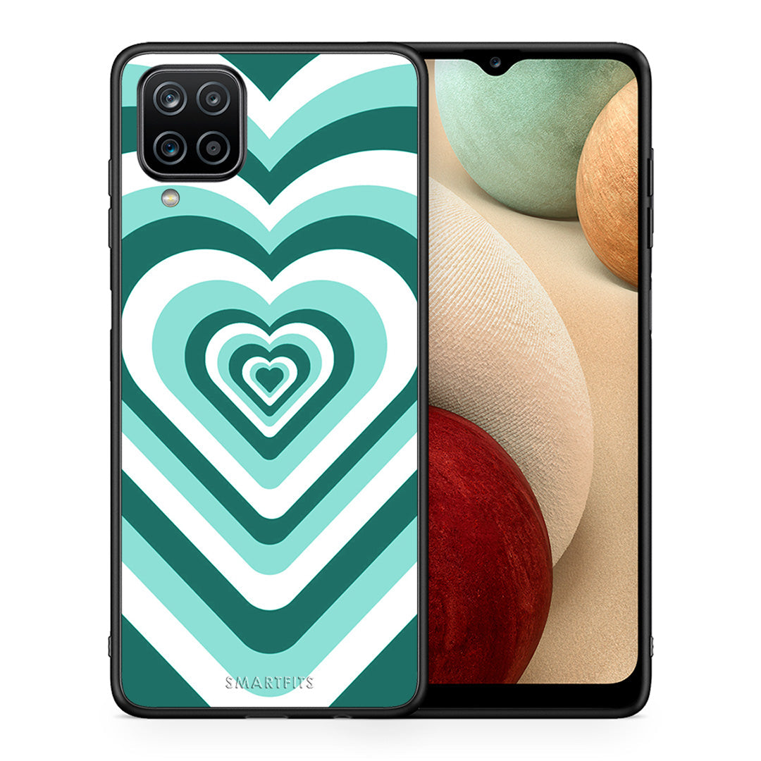 Θήκη Samsung A12 Green Hearts από τη Smartfits με σχέδιο στο πίσω μέρος και μαύρο περίβλημα | Samsung A12 Green Hearts case with colorful back and black bezels