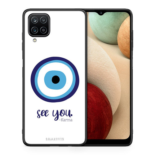 Θήκη Samsung A12 Karma Says από τη Smartfits με σχέδιο στο πίσω μέρος και μαύρο περίβλημα | Samsung A12 Karma Says case with colorful back and black bezels