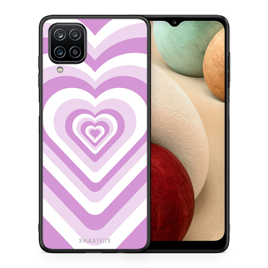 Θήκη Samsung A12 Lilac Hearts από τη Smartfits με σχέδιο στο πίσω μέρος και μαύρο περίβλημα | Samsung A12 Lilac Hearts case with colorful back and black bezels