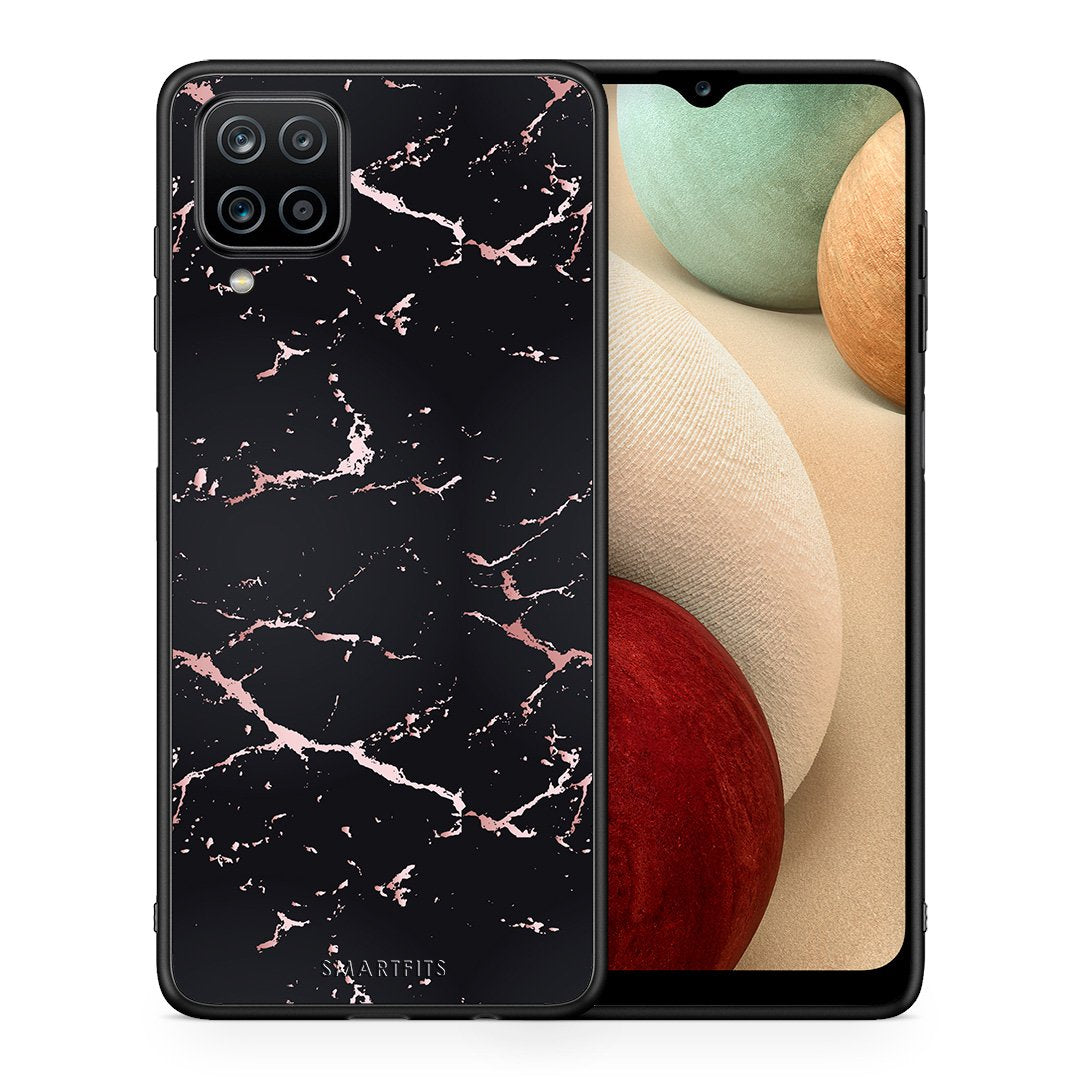 Θήκη Samsung A12 Black Rosegold Marble από τη Smartfits με σχέδιο στο πίσω μέρος και μαύρο περίβλημα | Samsung A12 Black Rosegold Marble case with colorful back and black bezels