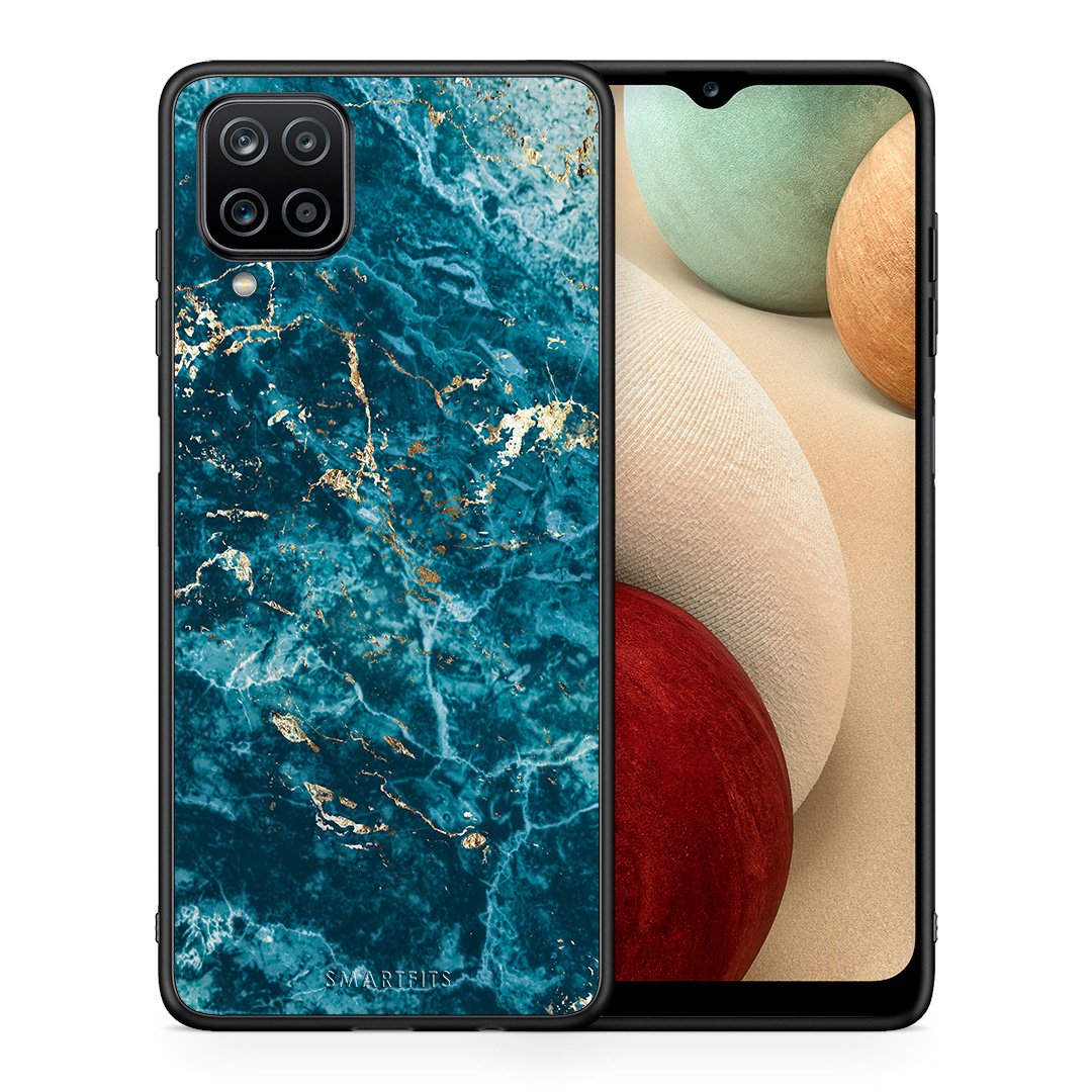 Θήκη Samsung A12 Marble Blue από τη Smartfits με σχέδιο στο πίσω μέρος και μαύρο περίβλημα | Samsung A12 Marble Blue case with colorful back and black bezels