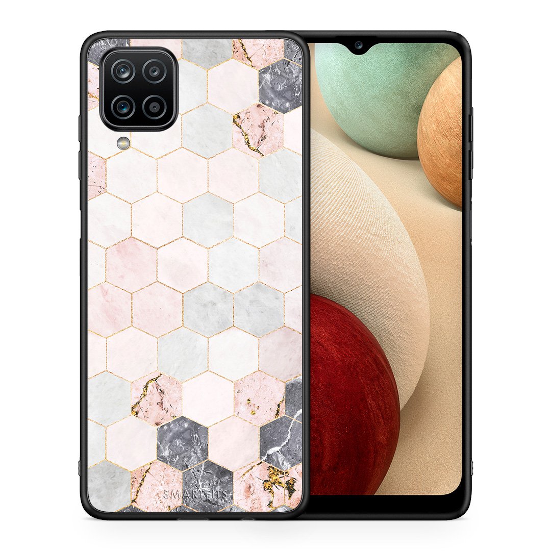 Θήκη Samsung A12 Hexagon Pink Marble από τη Smartfits με σχέδιο στο πίσω μέρος και μαύρο περίβλημα | Samsung A12 Hexagon Pink Marble case with colorful back and black bezels