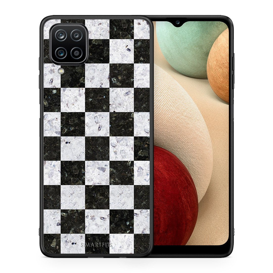 Θήκη Samsung A12 Square Geometric Marble από τη Smartfits με σχέδιο στο πίσω μέρος και μαύρο περίβλημα | Samsung A12 Square Geometric Marble case with colorful back and black bezels