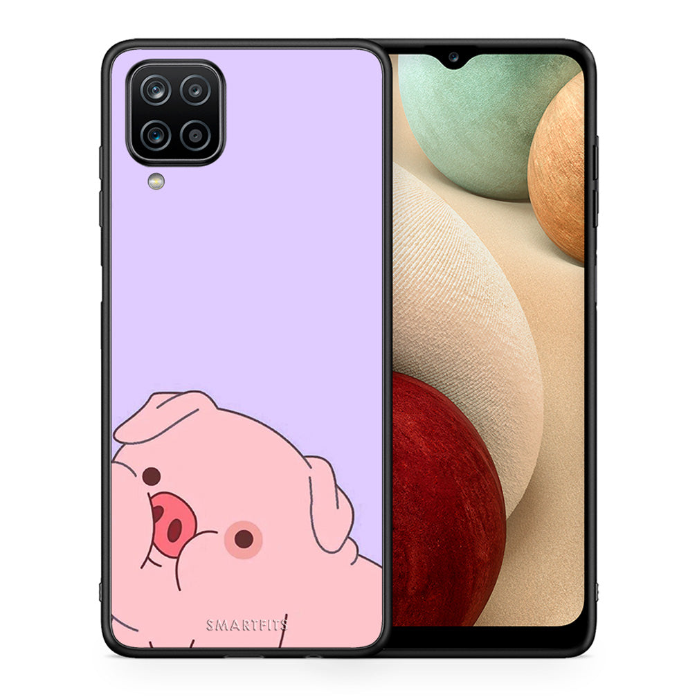 Θήκη Αγίου Βαλεντίνου Samsung A12 Pig Love 2 από τη Smartfits με σχέδιο στο πίσω μέρος και μαύρο περίβλημα | Samsung A12 Pig Love 2 case with colorful back and black bezels