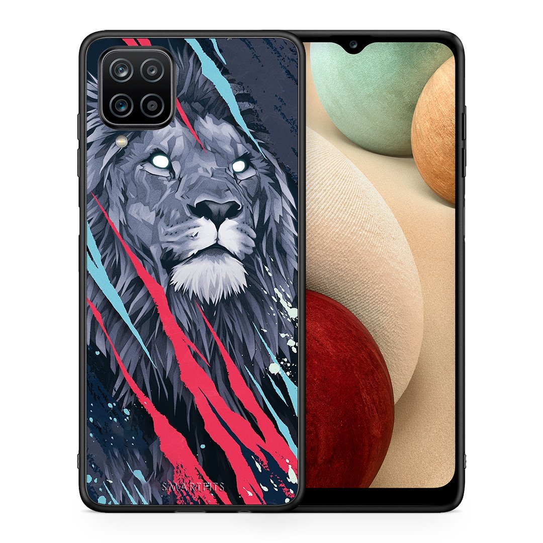 Θήκη Samsung A12 Lion Designer PopArt από τη Smartfits με σχέδιο στο πίσω μέρος και μαύρο περίβλημα | Samsung A12 Lion Designer PopArt case with colorful back and black bezels