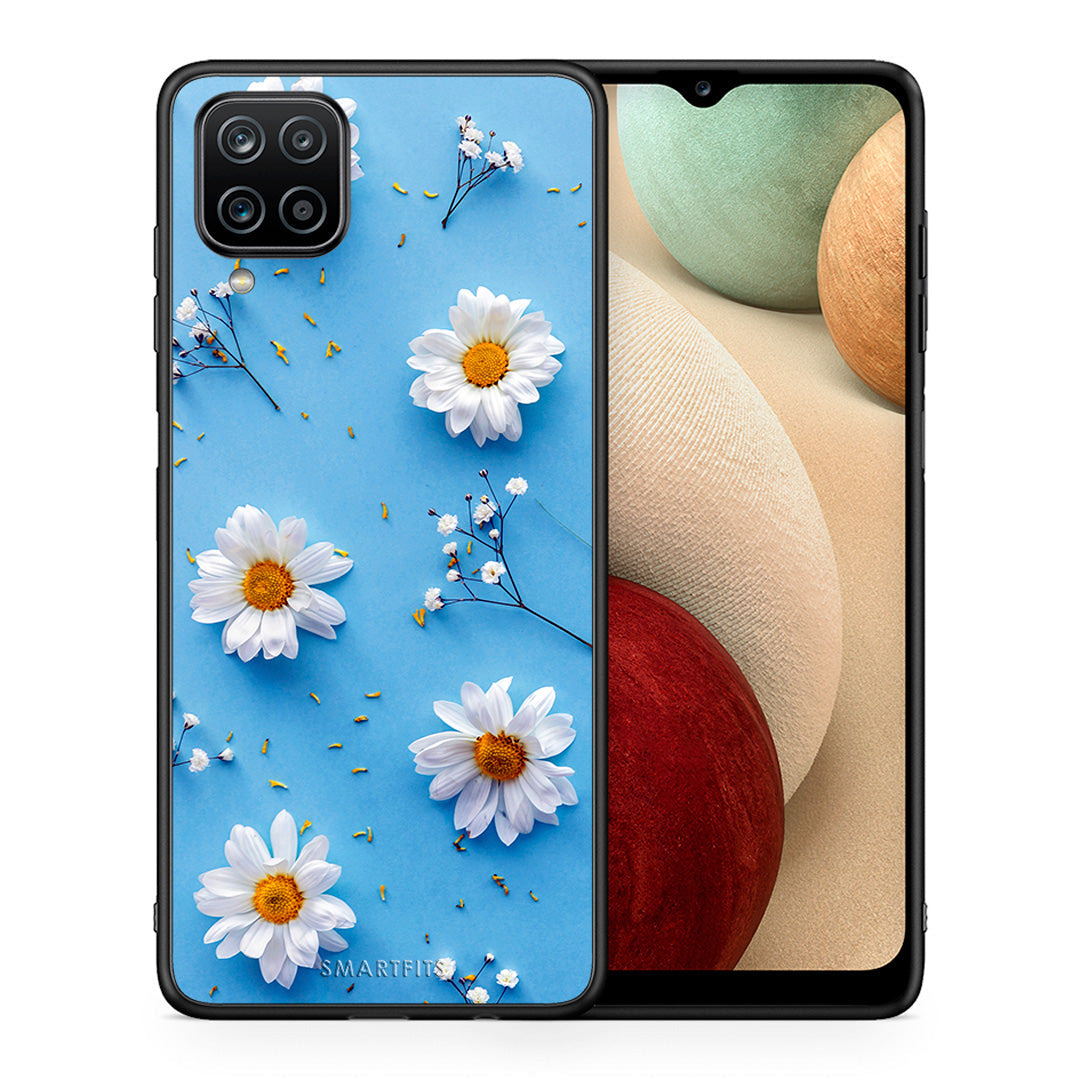 Θήκη Samsung A12 Real Daisies από τη Smartfits με σχέδιο στο πίσω μέρος και μαύρο περίβλημα | Samsung A12 Real Daisies case with colorful back and black bezels