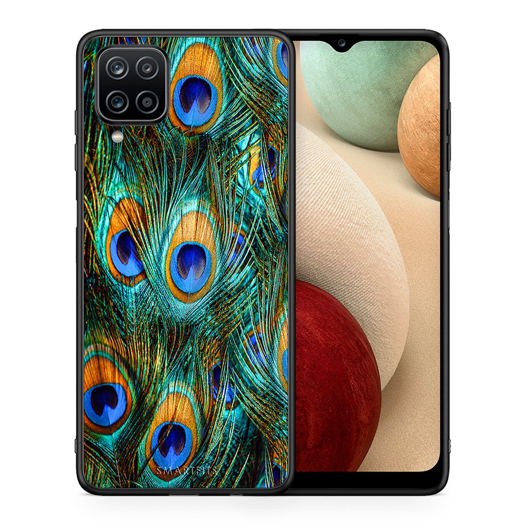 Θήκη Samsung A12 Real Peacock Feathers από τη Smartfits με σχέδιο στο πίσω μέρος και μαύρο περίβλημα | Samsung A12 Real Peacock Feathers case with colorful back and black bezels