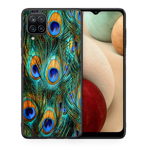 Θήκη Samsung A12 Real Peacock Feathers από τη Smartfits με σχέδιο στο πίσω μέρος και μαύρο περίβλημα | Samsung A12 Real Peacock Feathers case with colorful back and black bezels
