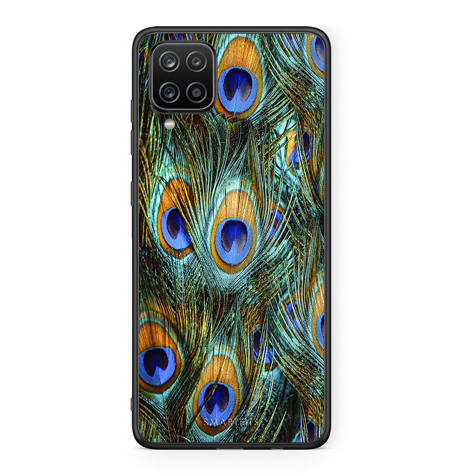 Samsung A12 Real Peacock Feathers θήκη από τη Smartfits με σχέδιο στο πίσω μέρος και μαύρο περίβλημα | Smartphone case with colorful back and black bezels by Smartfits