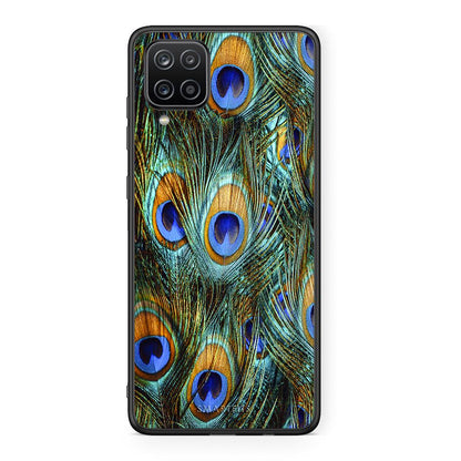 Samsung A12 Real Peacock Feathers θήκη από τη Smartfits με σχέδιο στο πίσω μέρος και μαύρο περίβλημα | Smartphone case with colorful back and black bezels by Smartfits