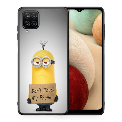 Θήκη Samsung A12 Minion Text από τη Smartfits με σχέδιο στο πίσω μέρος και μαύρο περίβλημα | Samsung A12 Minion Text case with colorful back and black bezels