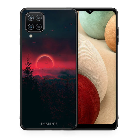 Θήκη Samsung A12 Sunset Tropic από τη Smartfits με σχέδιο στο πίσω μέρος και μαύρο περίβλημα | Samsung A12 Sunset Tropic case with colorful back and black bezels