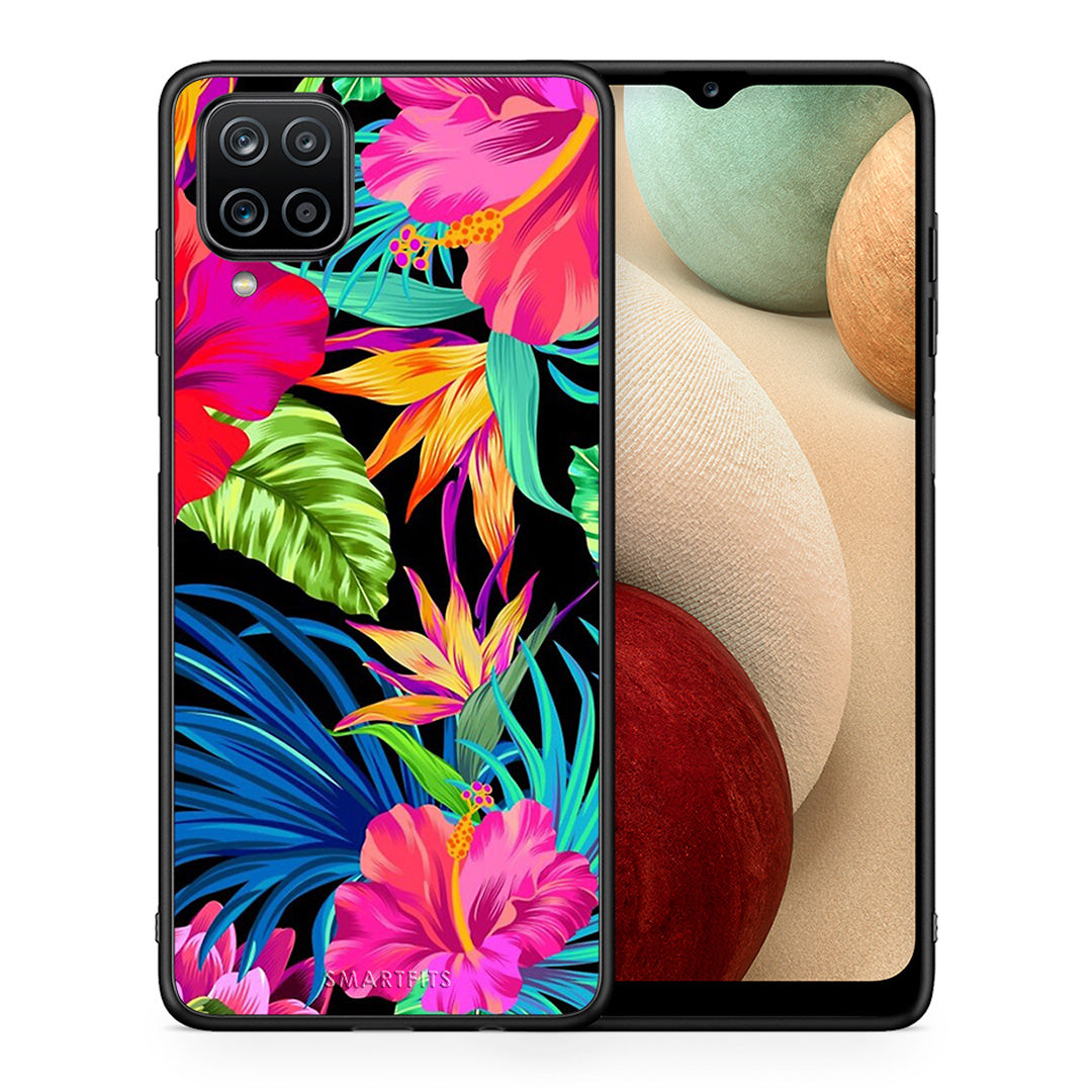 Θήκη Samsung A12 Tropical Flowers από τη Smartfits με σχέδιο στο πίσω μέρος και μαύρο περίβλημα | Samsung A12 Tropical Flowers case with colorful back and black bezels