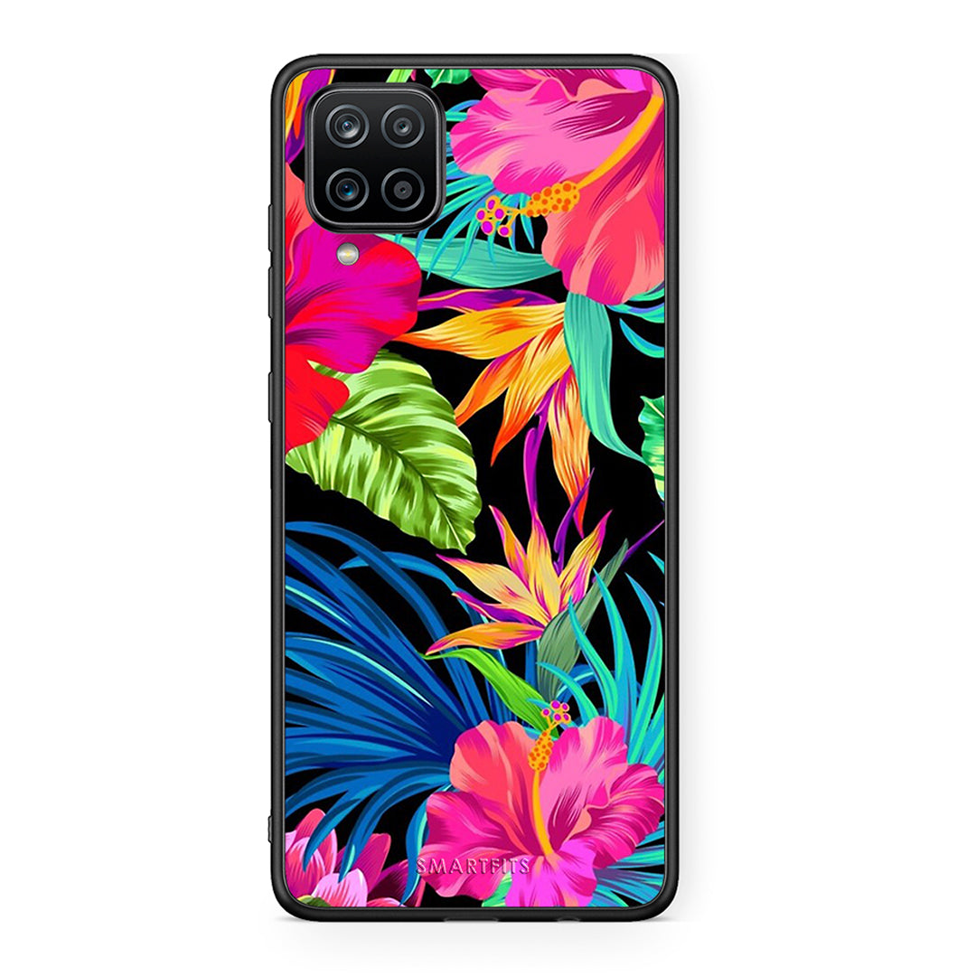 Samsung A12 Tropical Flowers θήκη από τη Smartfits με σχέδιο στο πίσω μέρος και μαύρο περίβλημα | Smartphone case with colorful back and black bezels by Smartfits