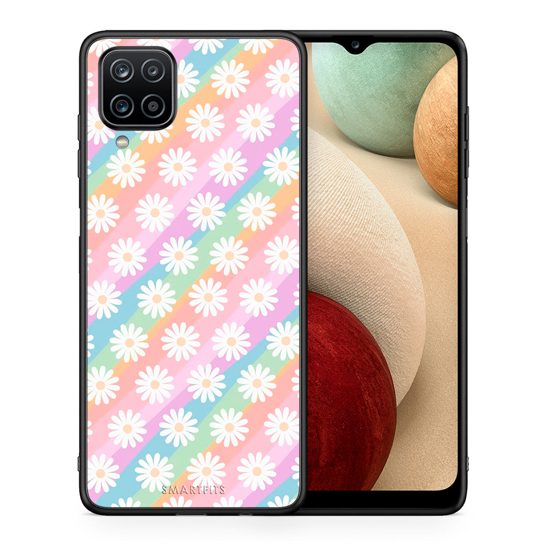 Θήκη Samsung A12 White Daisies από τη Smartfits με σχέδιο στο πίσω μέρος και μαύρο περίβλημα | Samsung A12 White Daisies case with colorful back and black bezels