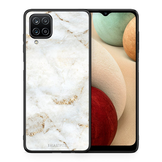 Θήκη Samsung A12 White Gold Marble από τη Smartfits με σχέδιο στο πίσω μέρος και μαύρο περίβλημα | Samsung A12 White Gold Marble case with colorful back and black bezels