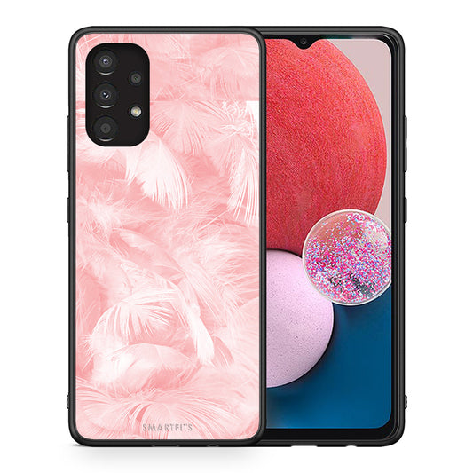 Θήκη Samsung A13 4G Pink Feather Boho από τη Smartfits με σχέδιο στο πίσω μέρος και μαύρο περίβλημα | Samsung A13 4G Pink Feather Boho case with colorful back and black bezels