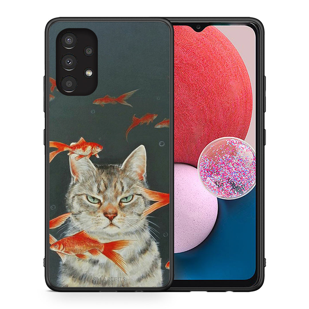 Θήκη Samsung A13 4G Cat Goldfish από τη Smartfits με σχέδιο στο πίσω μέρος και μαύρο περίβλημα | Samsung A13 4G Cat Goldfish case with colorful back and black bezels