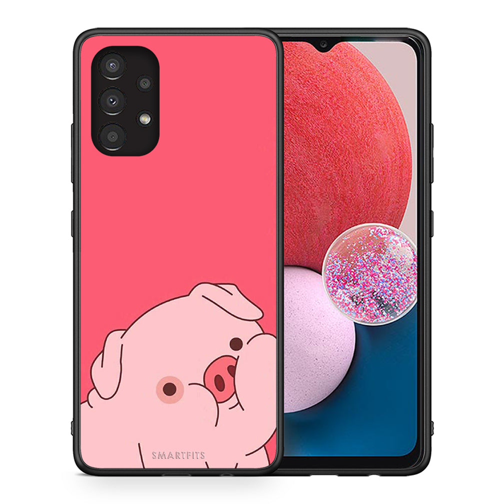 Θήκη Αγίου Βαλεντίνου Samsung A13 4G Pig Love 1 από τη Smartfits με σχέδιο στο πίσω μέρος και μαύρο περίβλημα | Samsung A13 4G Pig Love 1 case with colorful back and black bezels