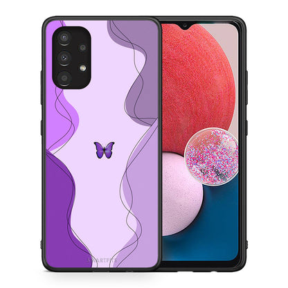Θήκη Αγίου Βαλεντίνου Samsung A13 4G Purple Mariposa από τη Smartfits με σχέδιο στο πίσω μέρος και μαύρο περίβλημα | Samsung A13 4G Purple Mariposa case with colorful back and black bezels