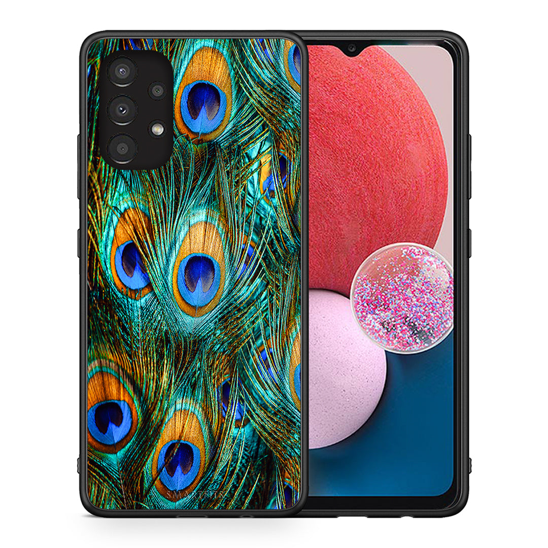 Θήκη Samsung A13 4G Real Peacock Feathers από τη Smartfits με σχέδιο στο πίσω μέρος και μαύρο περίβλημα | Samsung A13 4G Real Peacock Feathers case with colorful back and black bezels