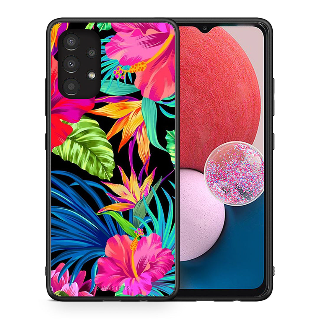 Θήκη Samsung A13 4G Tropical Flowers από τη Smartfits με σχέδιο στο πίσω μέρος και μαύρο περίβλημα | Samsung A13 4G Tropical Flowers case with colorful back and black bezels