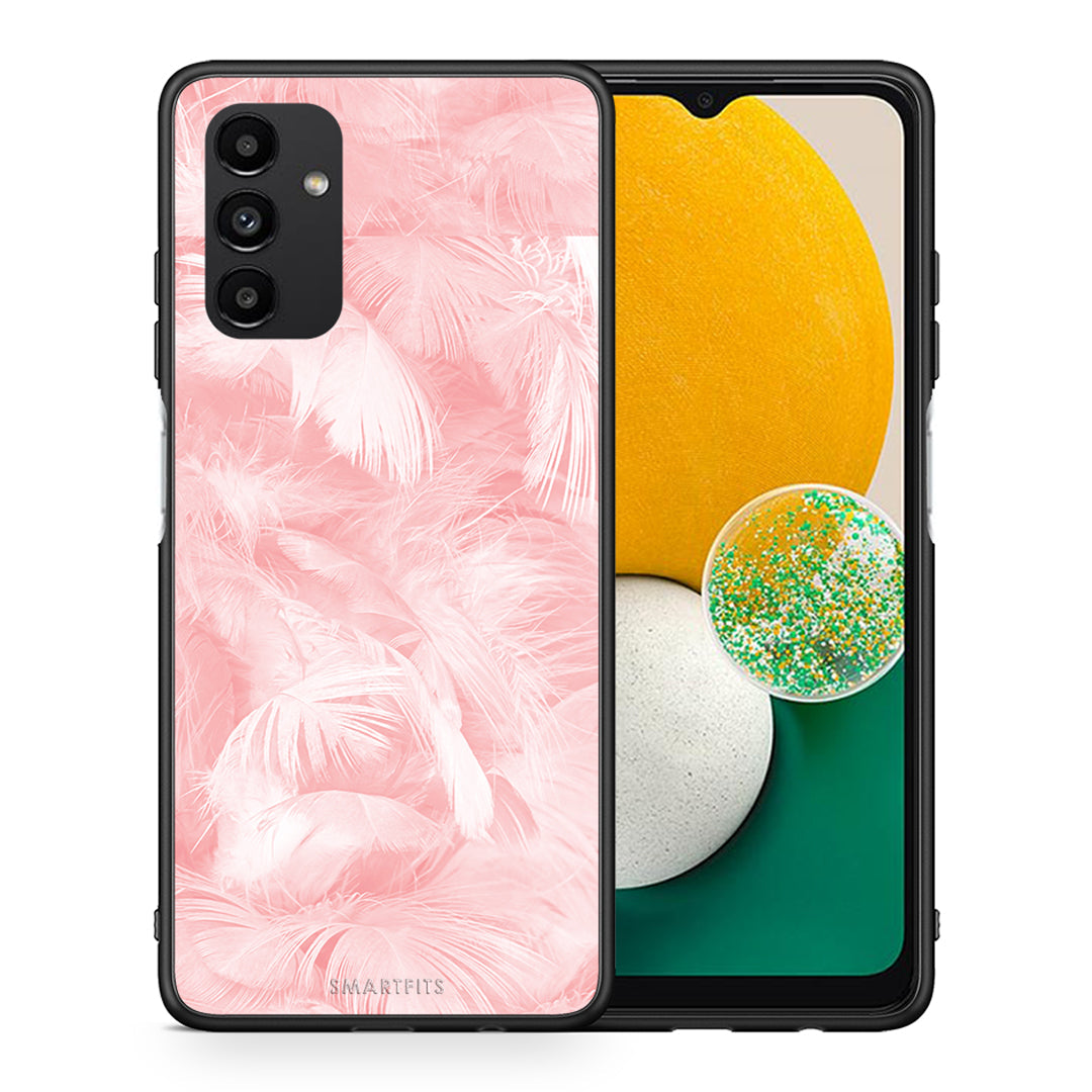 Θήκη Samsung A13 5G Pink Feather Boho από τη Smartfits με σχέδιο στο πίσω μέρος και μαύρο περίβλημα | Samsung A13 5G Pink Feather Boho case with colorful back and black bezels