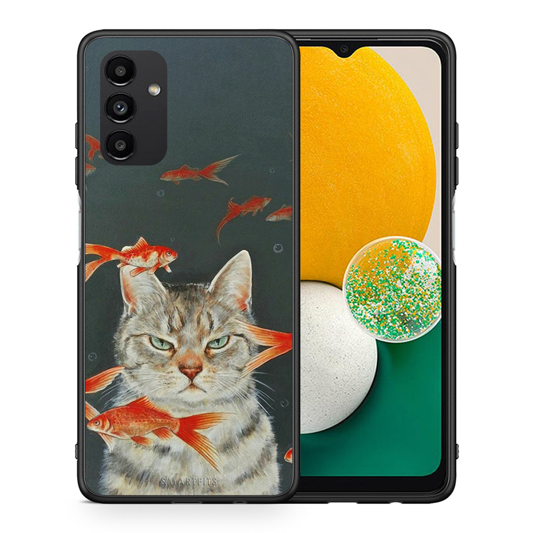Θήκη Samsung A13 5G Cat Goldfish από τη Smartfits με σχέδιο στο πίσω μέρος και μαύρο περίβλημα | Samsung A13 5G Cat Goldfish case with colorful back and black bezels