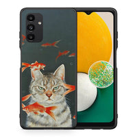 Thumbnail for Θήκη Samsung A13 5G Cat Goldfish από τη Smartfits με σχέδιο στο πίσω μέρος και μαύρο περίβλημα | Samsung A13 5G Cat Goldfish case with colorful back and black bezels