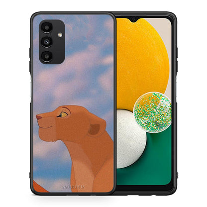 Θήκη Αγίου Βαλεντίνου Samsung A13 5G Lion Love 2 από τη Smartfits με σχέδιο στο πίσω μέρος και μαύρο περίβλημα | Samsung A13 5G Lion Love 2 case with colorful back and black bezels