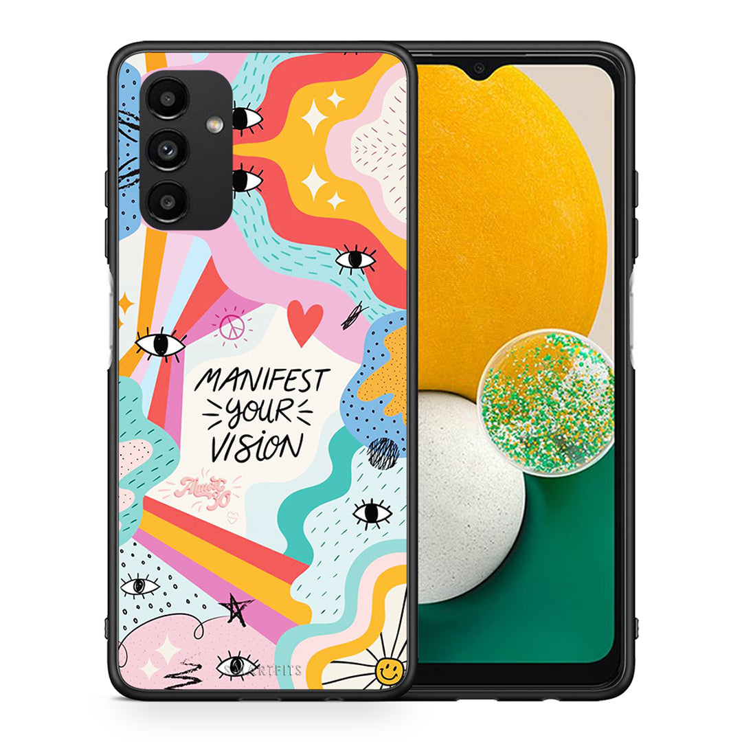 Θήκη Samsung A04s Manifest Your Vision από τη Smartfits με σχέδιο στο πίσω μέρος και μαύρο περίβλημα | Samsung A04s Manifest Your Vision case with colorful back and black bezels