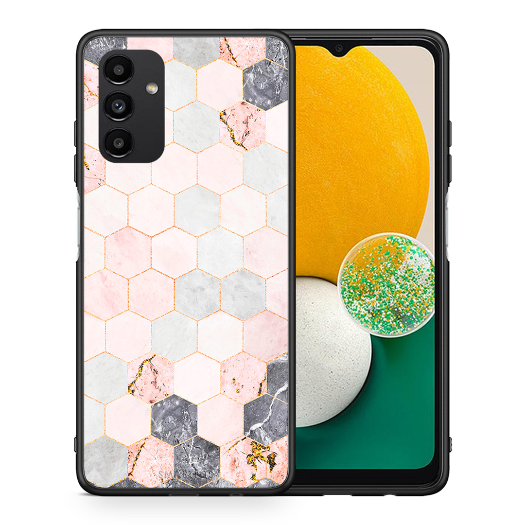 Θήκη Samsung A13 5G Hexagon Pink Marble από τη Smartfits με σχέδιο στο πίσω μέρος και μαύρο περίβλημα | Samsung A13 5G Hexagon Pink Marble case with colorful back and black bezels