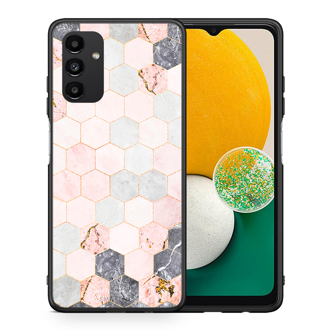 Θήκη Samsung A04s Hexagon Pink Marble από τη Smartfits με σχέδιο στο πίσω μέρος και μαύρο περίβλημα | Samsung A04s Hexagon Pink Marble case with colorful back and black bezels