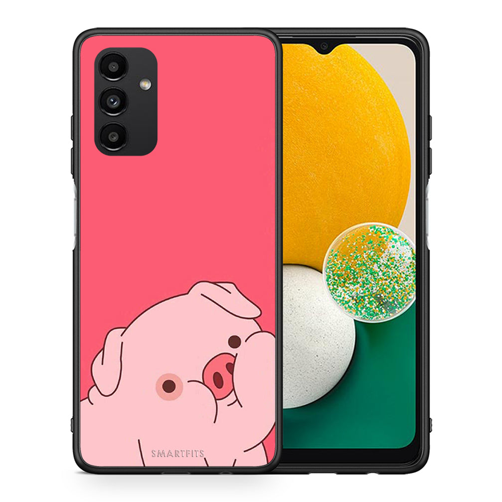 Θήκη Αγίου Βαλεντίνου Samsung A13 5G Pig Love 1 από τη Smartfits με σχέδιο στο πίσω μέρος και μαύρο περίβλημα | Samsung A13 5G Pig Love 1 case with colorful back and black bezels