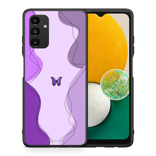 Θήκη Αγίου Βαλεντίνου Samsung A13 5G Purple Mariposa από τη Smartfits με σχέδιο στο πίσω μέρος και μαύρο περίβλημα | Samsung A13 5G Purple Mariposa case with colorful back and black bezels
