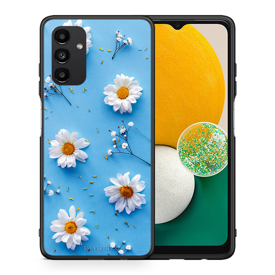 Θήκη Samsung A04s Real Daisies από τη Smartfits με σχέδιο στο πίσω μέρος και μαύρο περίβλημα | Samsung A04s Real Daisies case with colorful back and black bezels