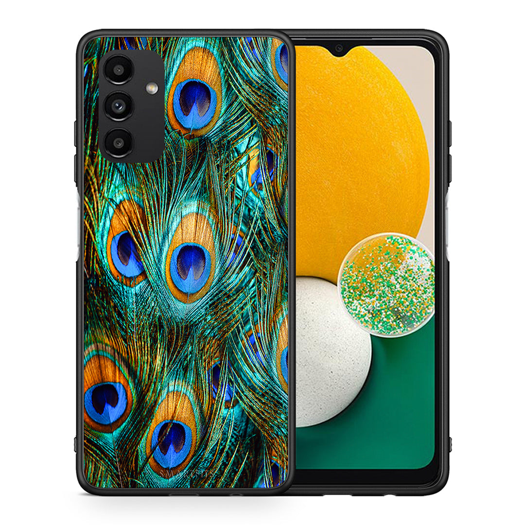 Θήκη Samsung A13 5G Real Peacock Feathers από τη Smartfits με σχέδιο στο πίσω μέρος και μαύρο περίβλημα | Samsung A13 5G Real Peacock Feathers case with colorful back and black bezels